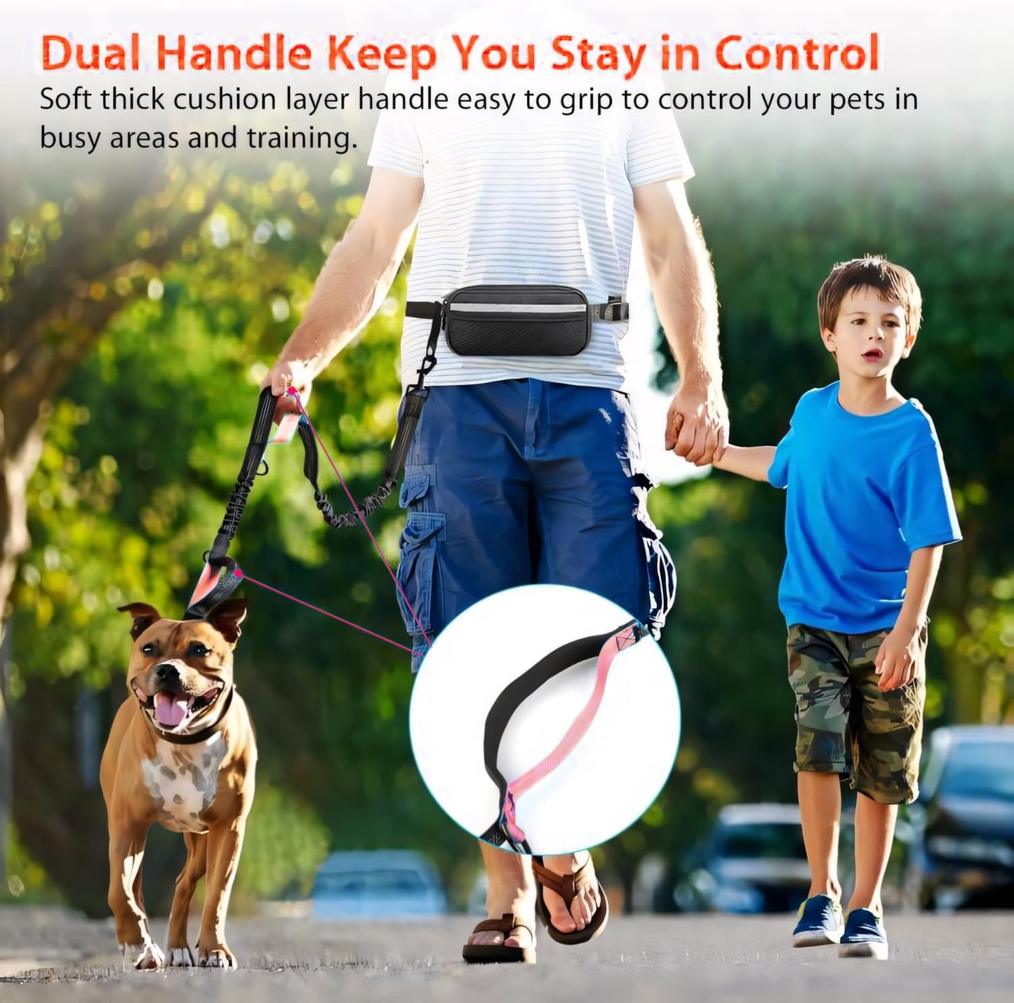 Hands-Free Dog Running Leash with Waist Belt and Dual Handle Elastic Bungee, Retractable Rope for Medium to Large Dogs, Reflective Stitching for Walking, Hiking, and Biking (Large Pink, 25-120 lbs)