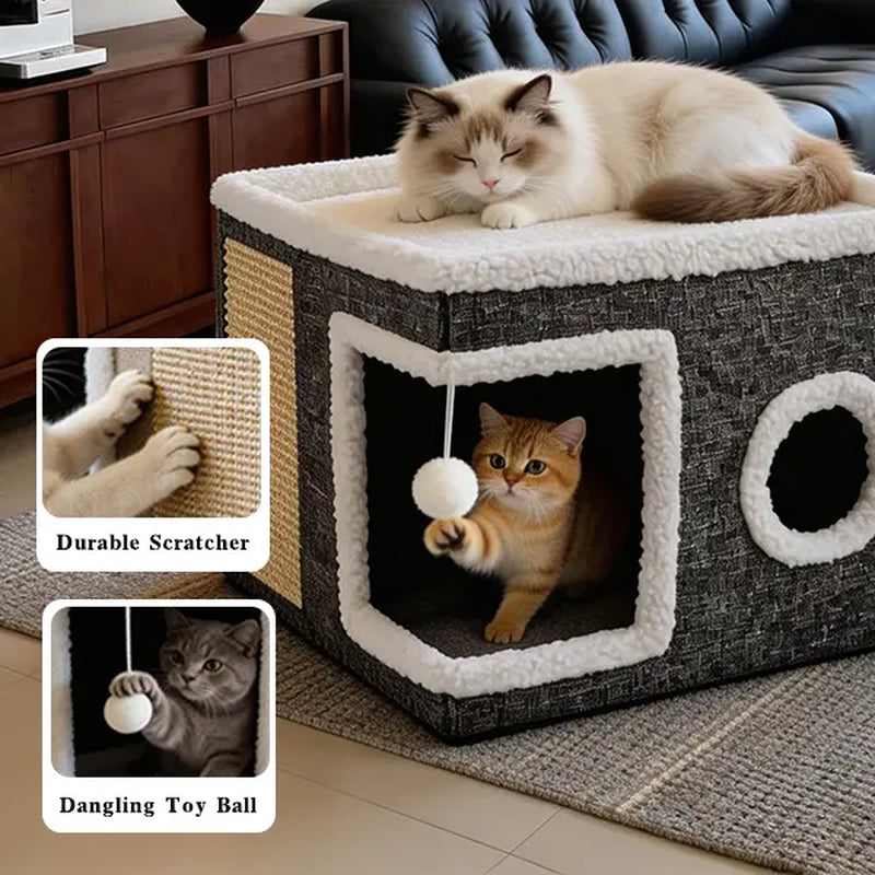 Large Soft Plush Cat Bed for Indoor Use - Foldable Hideaway with Sisal Scratch Pad and Hanging Fluffy Ball, 16.5" x 16.5" x 14", Grey, Supports Up to 44 lbs for Scratching, Sleeping, and Play.