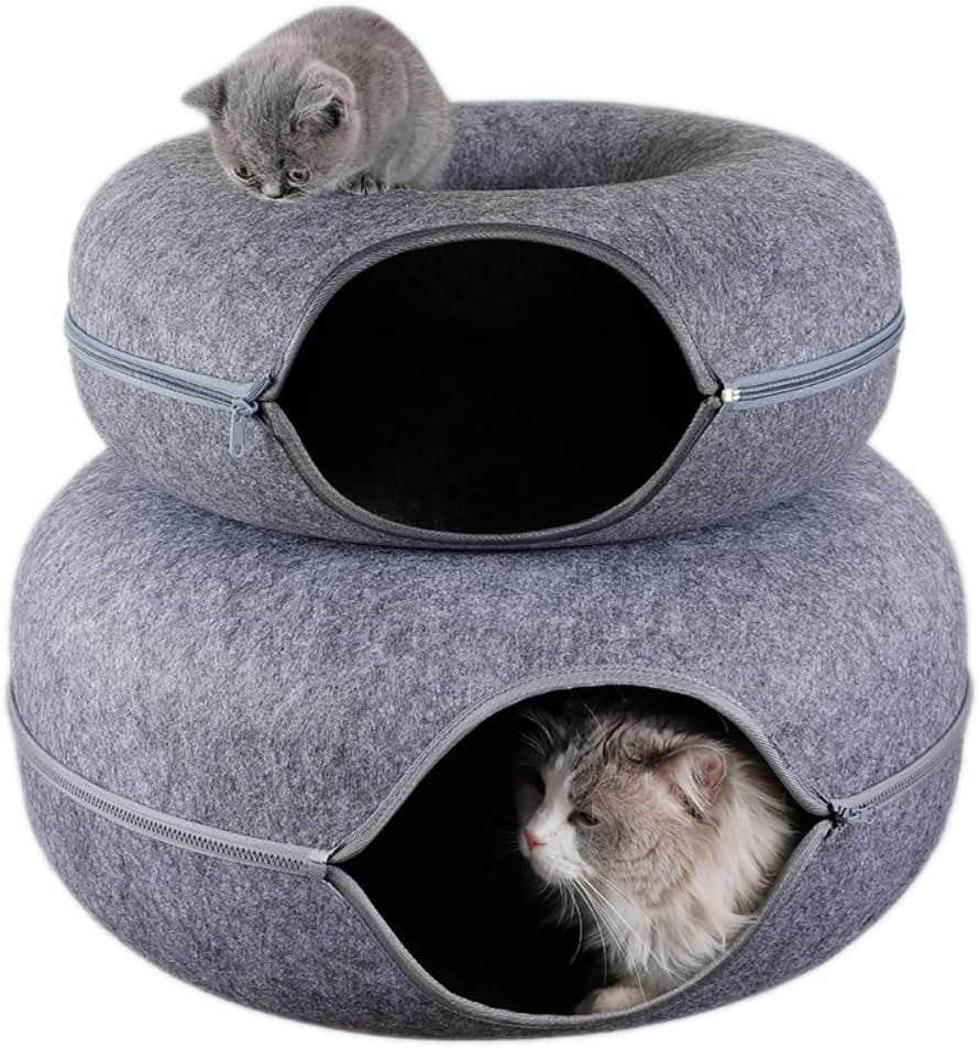 Dual-Use Donut Cat House and Interactive Tunnel - Indoor Toy and Training Equipment for Cats (Large, Black)