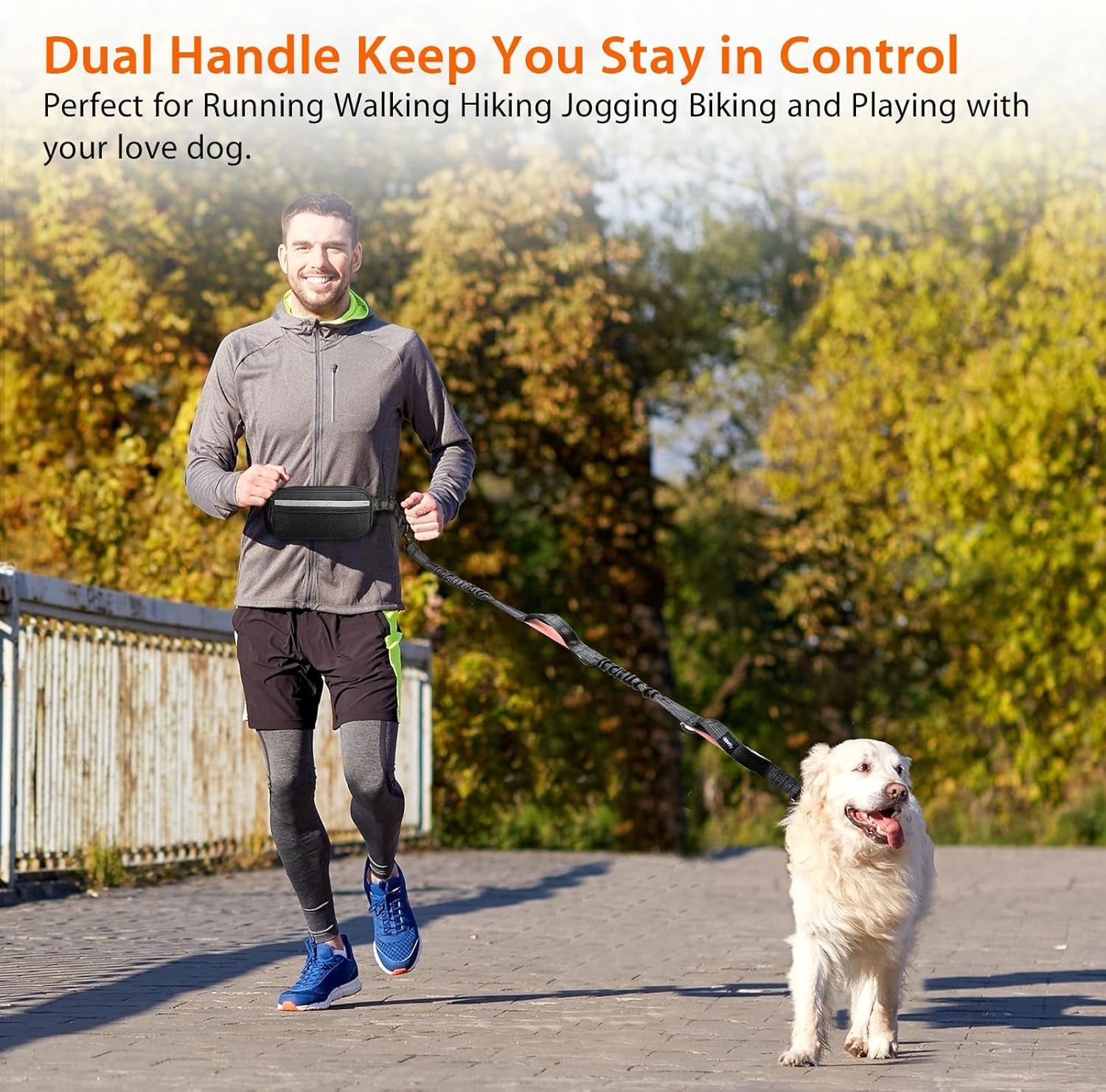 Hands-Free Dog Running Leash with Waist Belt and Dual Handle Elastic Bungee, Retractable Rope for Medium to Large Dogs, Reflective Stitching for Walking, Hiking, and Biking (Large Pink, 25-120 lbs)