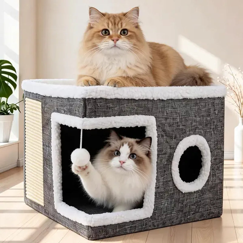 Large Soft Plush Cat Bed for Indoor Use - Foldable Hideaway with Sisal Scratch Pad and Hanging Fluffy Ball, 16.5" x 16.5" x 14", Grey, Supports Up to 44 lbs for Scratching, Sleeping, and Play.