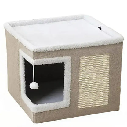 Large Soft Plush Cat Bed for Indoor Use - Foldable Hideaway with Sisal Scratch Pad and Hanging Fluffy Ball, 16.5" x 16.5" x 14", Grey, Supports Up to 44 lbs for Scratching, Sleeping, and Play.