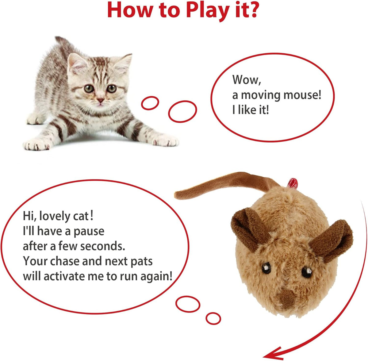 Automatic Interactive Cat Toy - Electronic Moving Mouse with Furry Tail and Squeaky Feature for Indoor/Outdoor Exercise (Brown-Ear)