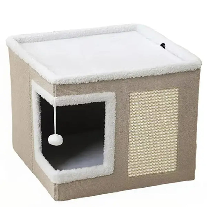 Large Soft Plush Cat Bed for Indoor Use - Foldable Hideaway with Sisal Scratch Pad and Hanging Fluffy Ball, 16.5" x 16.5" x 14", Grey, Supports Up to 44 lbs for Scratching, Sleeping, and Play.