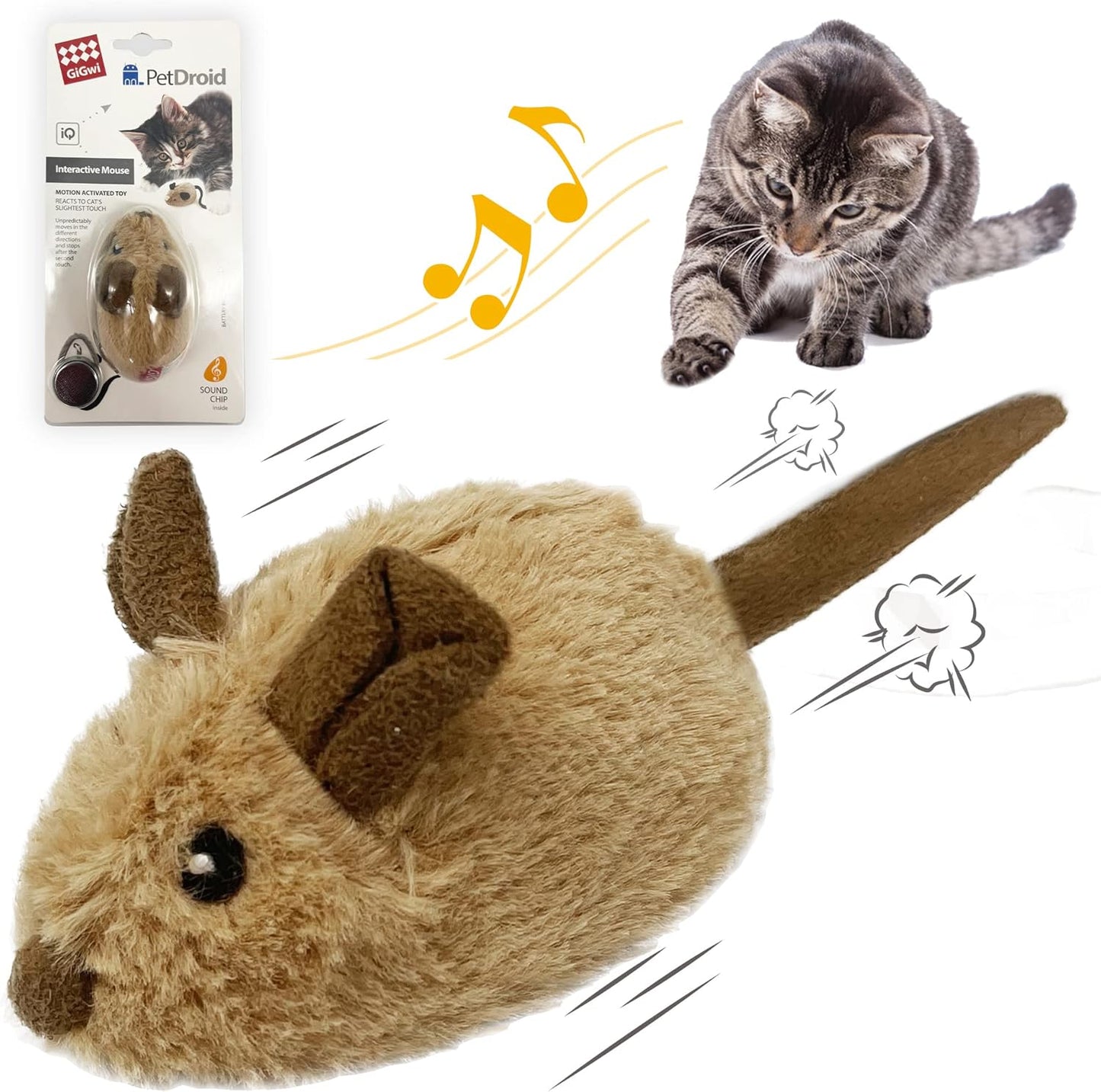 Automatic Interactive Cat Toy - Electronic Moving Mouse with Furry Tail and Squeaky Feature for Indoor/Outdoor Exercise (Brown-Ear)
