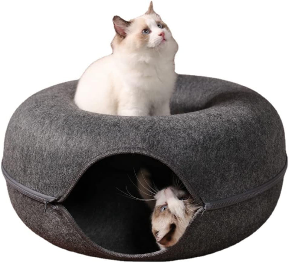 Dual-Use Donut Cat House and Interactive Tunnel - Indoor Toy and Training Equipment for Cats (Large, Black)