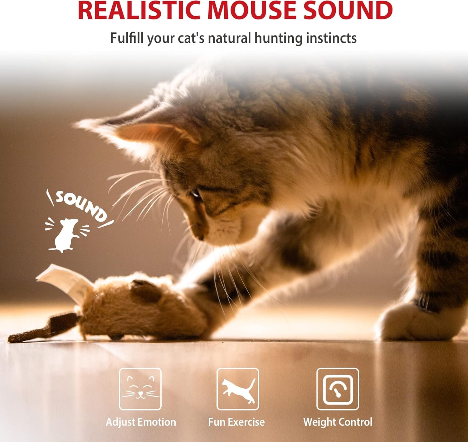 Automatic Interactive Cat Toy - Electronic Moving Mouse with Furry Tail and Squeaky Feature for Indoor/Outdoor Exercise (Brown-Ear)