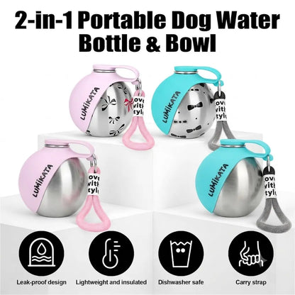 Lumikata 2-in-1 Portable Dog Water Bottle - 10oz Stainless Steel with Silicone Foldable Bowl, Leak-Proof Design for Small Dogs, Ideal for Walks and Feeding