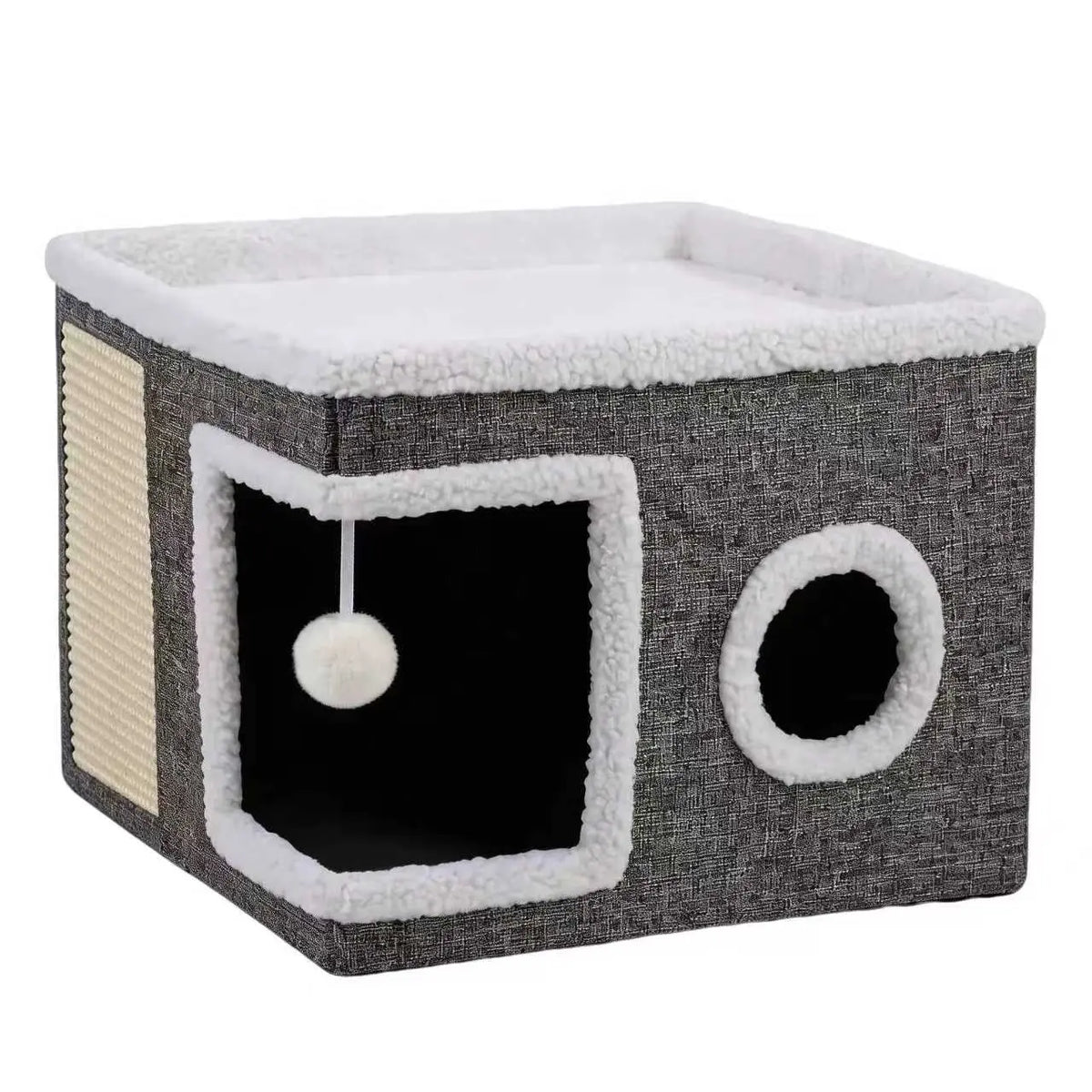 Large Soft Plush Cat Bed for Indoor Use - Foldable Hideaway with Sisal Scratch Pad and Hanging Fluffy Ball, 16.5" x 16.5" x 14", Grey, Supports Up to 44 lbs for Scratching, Sleeping, and Play.
