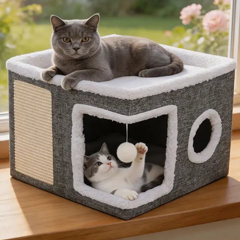 Large Soft Plush Cat Bed for Indoor Use - Foldable Hideaway with Sisal Scratch Pad and Hanging Fluffy Ball, 16.5" x 16.5" x 14", Grey, Supports Up to 44 lbs for Scratching, Sleeping, and Play.