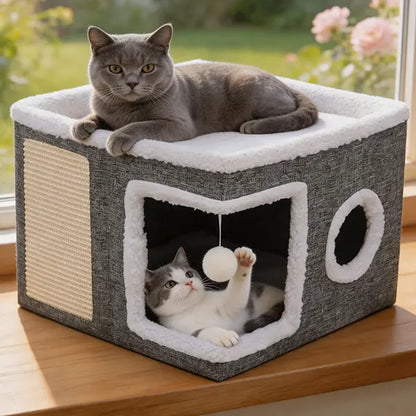 Large Soft Plush Cat Bed for Indoor Use - Foldable Hideaway with Sisal Scratch Pad and Hanging Fluffy Ball, 16.5" x 16.5" x 14", Grey, Supports Up to 44 lbs for Scratching, Sleeping, and Play.