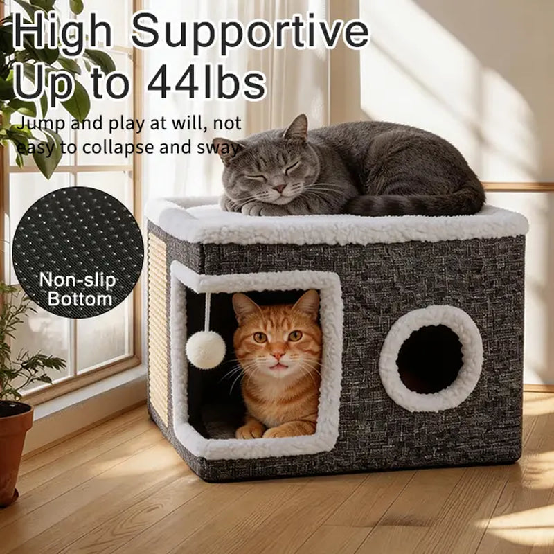 Large Soft Plush Cat Bed for Indoor Use - Foldable Hideaway with Sisal Scratch Pad and Hanging Fluffy Ball, 16.5" x 16.5" x 14", Grey, Supports Up to 44 lbs for Scratching, Sleeping, and Play.