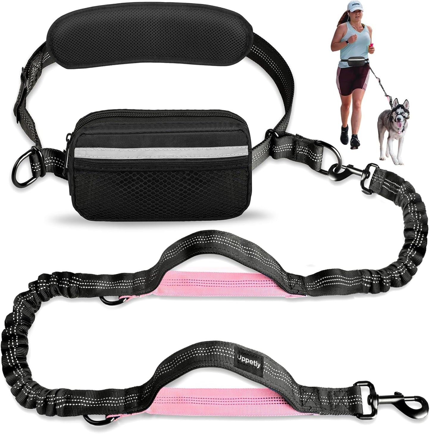 Hands-Free Dog Running Leash with Waist Belt and Dual Handle Elastic Bungee, Retractable Rope for Medium to Large Dogs, Reflective Stitching for Walking, Hiking, and Biking (Large Pink, 25-120 lbs)