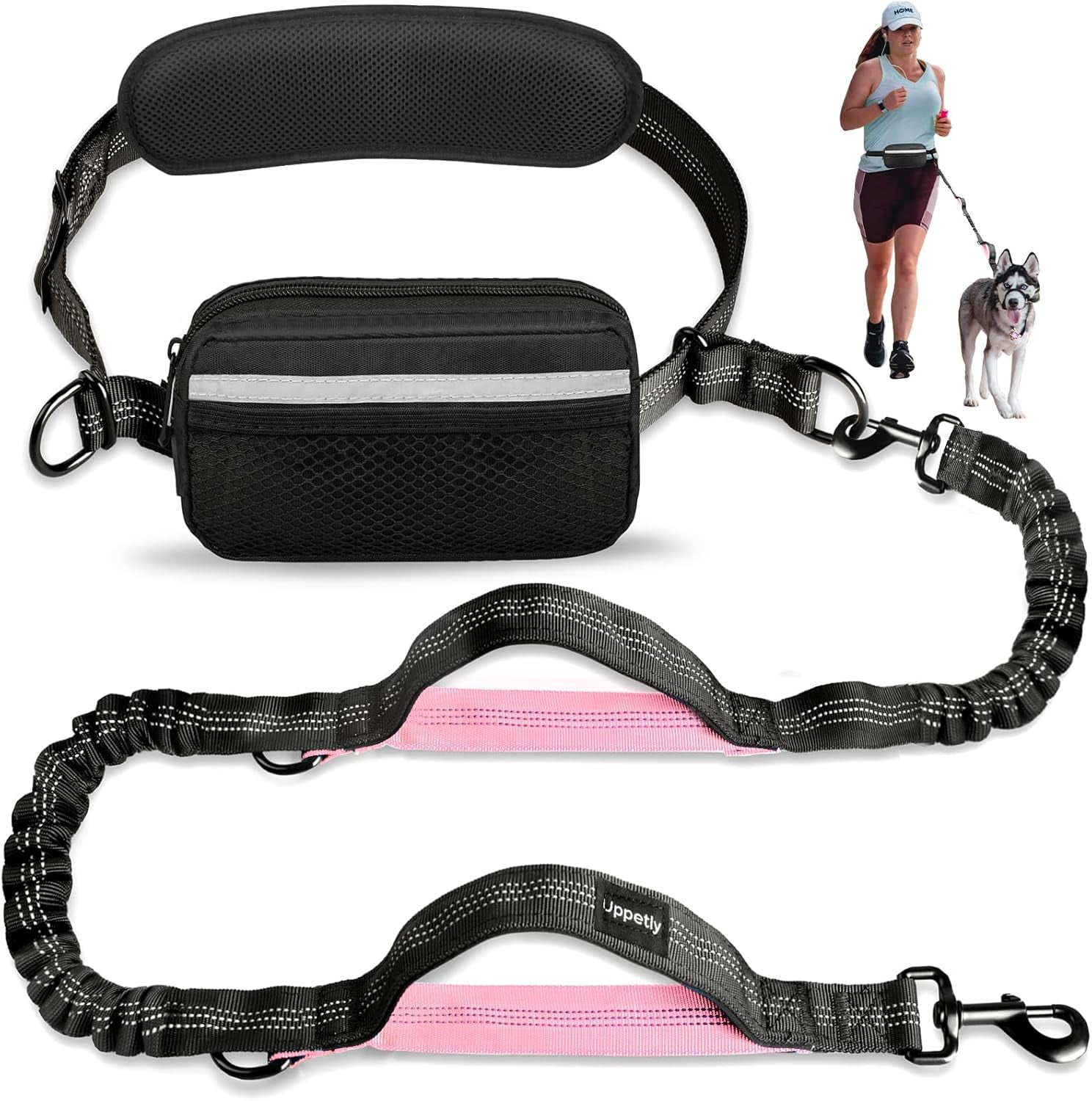 Hands-Free Dog Running Leash with Waist Belt and Dual Handle Elastic Bungee, Retractable Rope for Medium to Large Dogs, Reflective Stitching for Walking, Hiking, and Biking (Large Pink, 25-120 lbs)