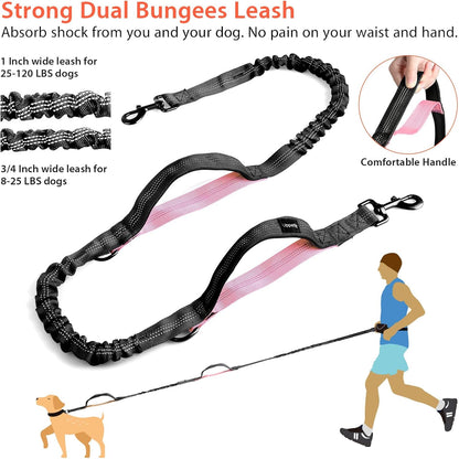 Hands-Free Dog Running Leash with Waist Belt and Dual Handle Elastic Bungee, Retractable Rope for Medium to Large Dogs, Reflective Stitching for Walking, Hiking, and Biking (Large Pink, 25-120 lbs)