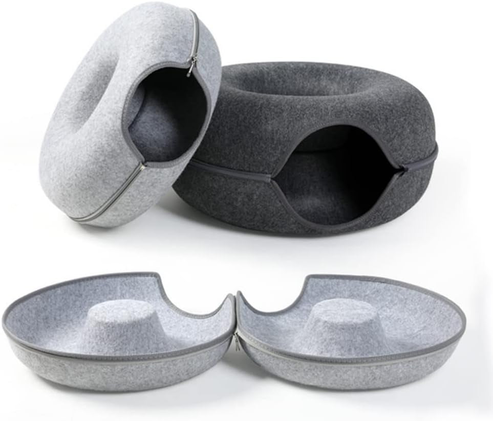 Dual-Use Donut Cat House and Interactive Tunnel - Indoor Toy and Training Equipment for Cats (Large, Black)
