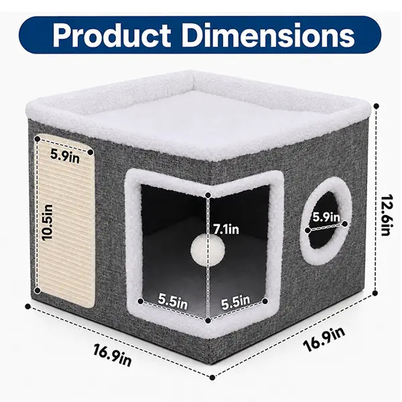 Large Soft Plush Cat Bed for Indoor Use - Foldable Hideaway with Sisal Scratch Pad and Hanging Fluffy Ball, 16.5" x 16.5" x 14", Grey, Supports Up to 44 lbs for Scratching, Sleeping, and Play.