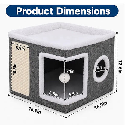 Large Soft Plush Cat Bed for Indoor Use - Foldable Hideaway with Sisal Scratch Pad and Hanging Fluffy Ball, 16.5" x 16.5" x 14", Grey, Supports Up to 44 lbs for Scratching, Sleeping, and Play.
