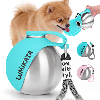 Lumikata 2-in-1 Portable Dog Water Bottle - 10oz Stainless Steel with Silicone Foldable Bowl, Leak-Proof Design for Small Dogs, Ideal for Walks and Feeding