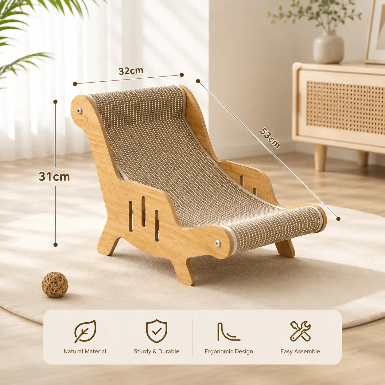Extra Large 2-In-1 Sisal Fiber Cat Scratcher with Hammock and Lounge Chair - Durable, Breathable, and Shedding-Free Cat Bed for Claw Maintenance and Relaxation