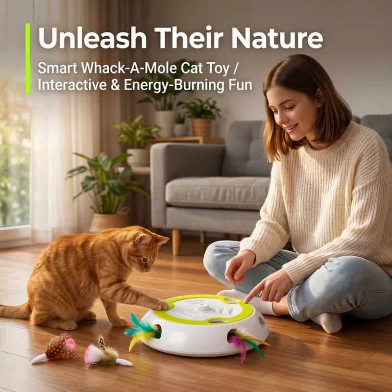 Smart Motion-Activated Interactive Cat Toy with Whack-A-Mole Feature and Three Replacement Feathers