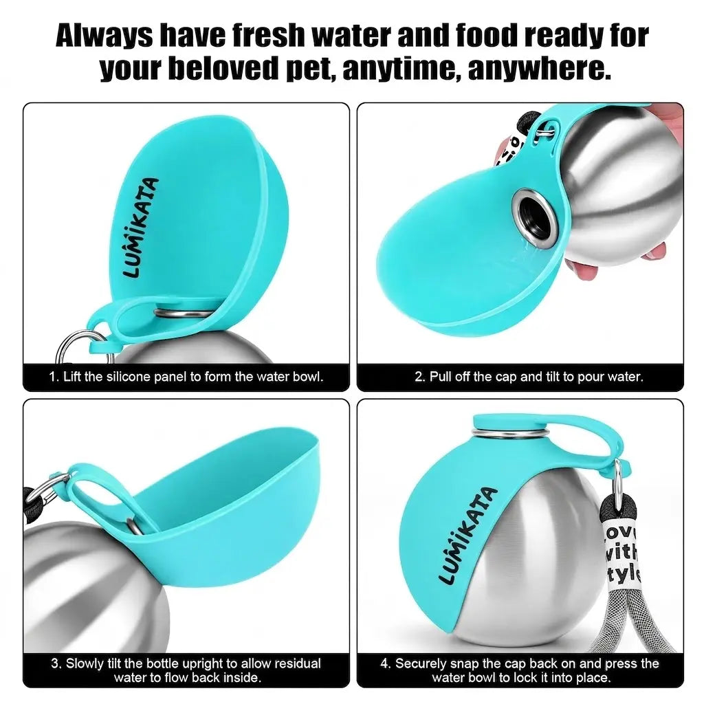Lumikata 2-in-1 Portable Dog Water Bottle - 10oz Stainless Steel with Silicone Foldable Bowl, Leak-Proof Design for Small Dogs, Ideal for Walks and Feeding