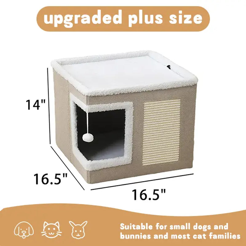Large Soft Plush Cat Bed for Indoor Use - Foldable Hideaway with Sisal Scratch Pad and Hanging Fluffy Ball, 16.5" x 16.5" x 14", Grey, Supports Up to 44 lbs for Scratching, Sleeping, and Play.