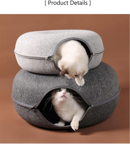 Dual-Use Donut Cat House and Interactive Tunnel - Indoor Toy and Training Equipment for Cats (Large, Black)